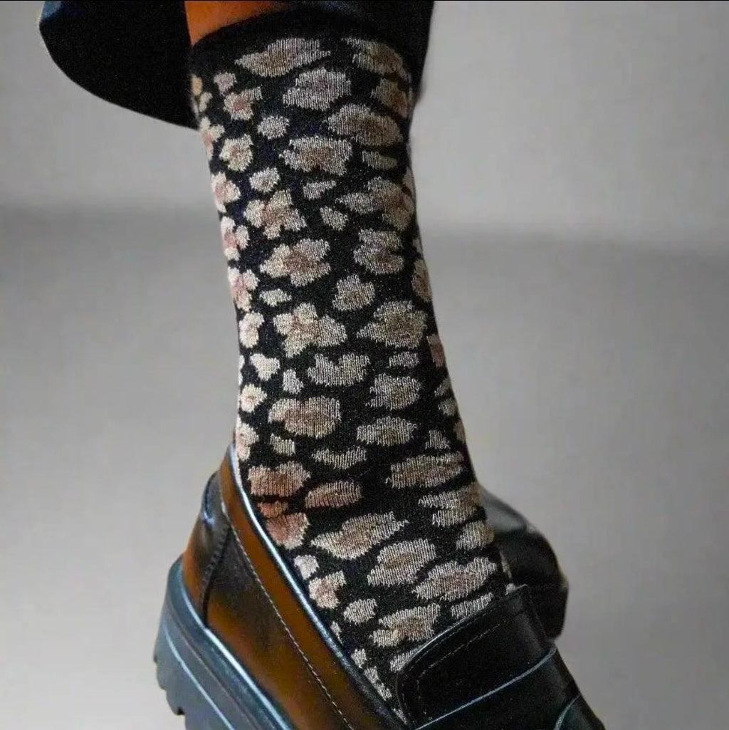 Chaussettes léopard noires Lurex