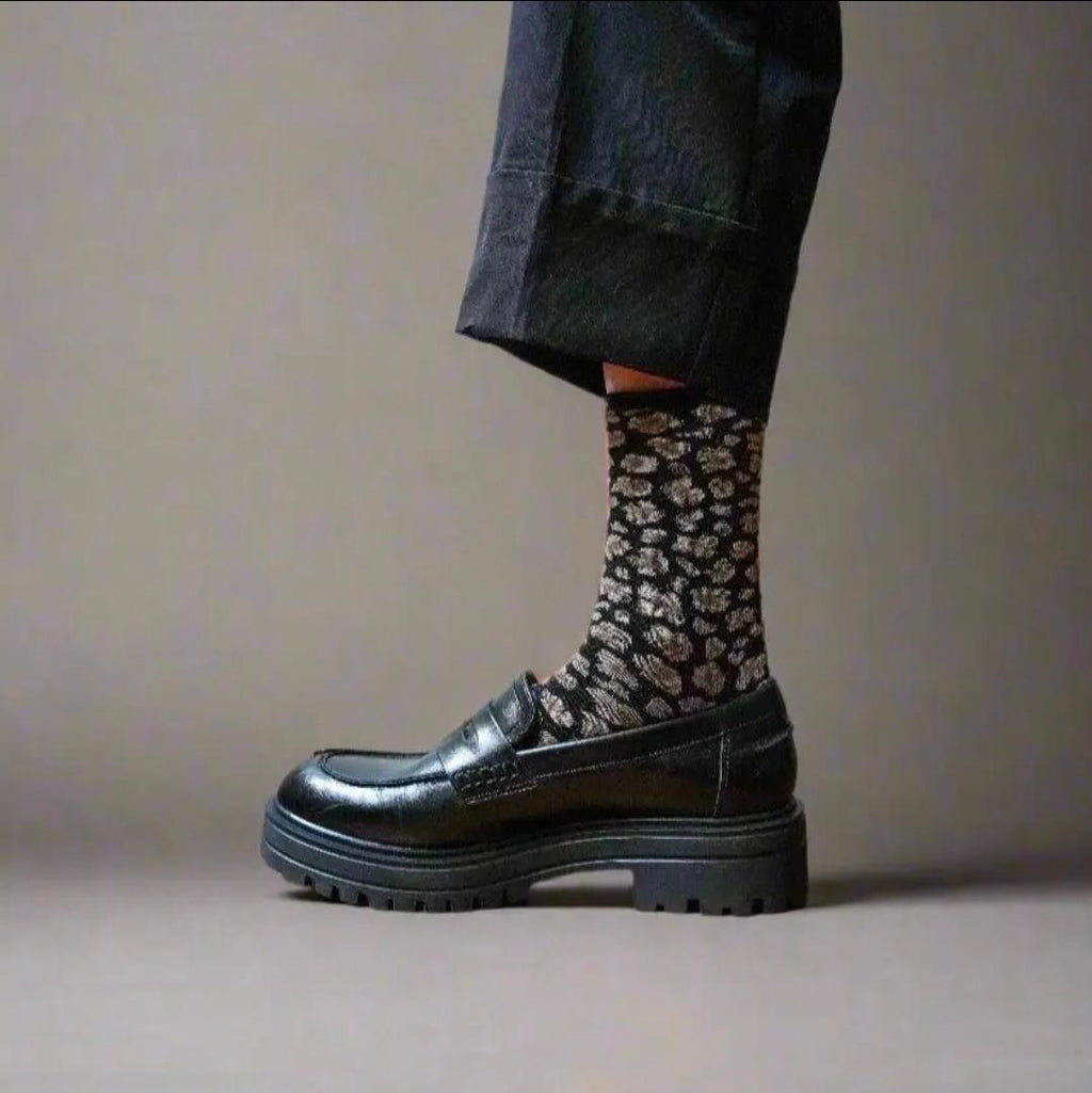 Chaussettes léopard noires Lurex
